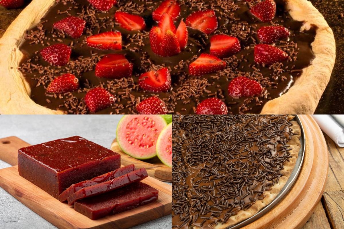 Combinação de pizzas doces: pizza de chocolate com morango, goiabada com queijo e brigadeiro.