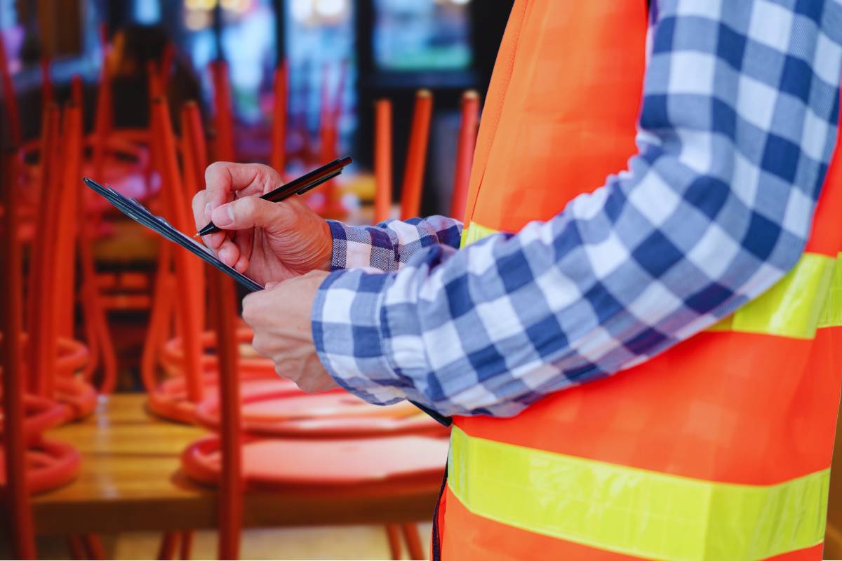 Fiscal com colete de segurança laranja fazendo uma inspeção de rotina em um restaurante vazio, anotando informações em um tablet.