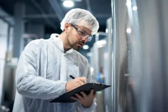 Técnico de touca descartável, óculos de proteção e jaleco branco anota informações numa prancheta ao lado de tanques de aço inox, durante vistoria sanitária numa área de produção de alimentos