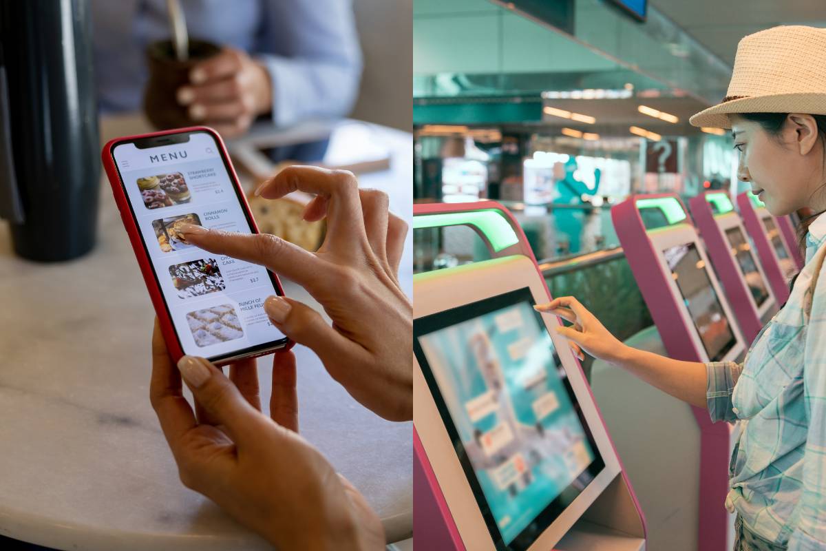 Cliente navegando em um cardápio digital no celular e outra pessoa utilizando um totem de autoatendimento em restaurante