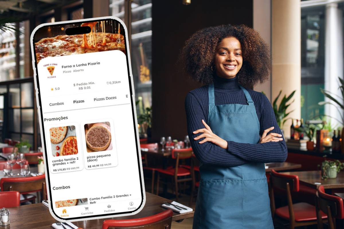 Empresária sorridente em restaurante com destaque para um celular exibindo o Cardápio Digital Vina, mostrando promoções e opções de menu interativo