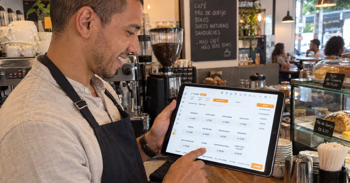 Proprietário de cafeteria usa o PDV desktop do ControleNaMão em um tablet no balcão, com máquina de café e vitrine ao fundo.