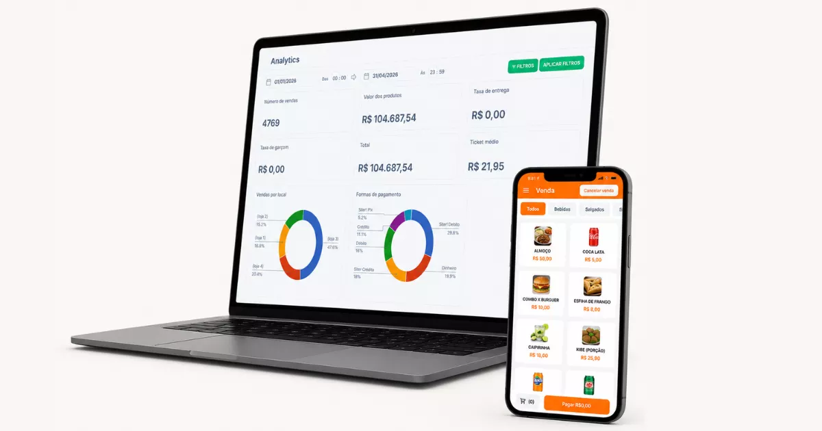 Notebook com painel de vendas e gráficos do ControleNaMão ao lado de celular com tela de pedidos.