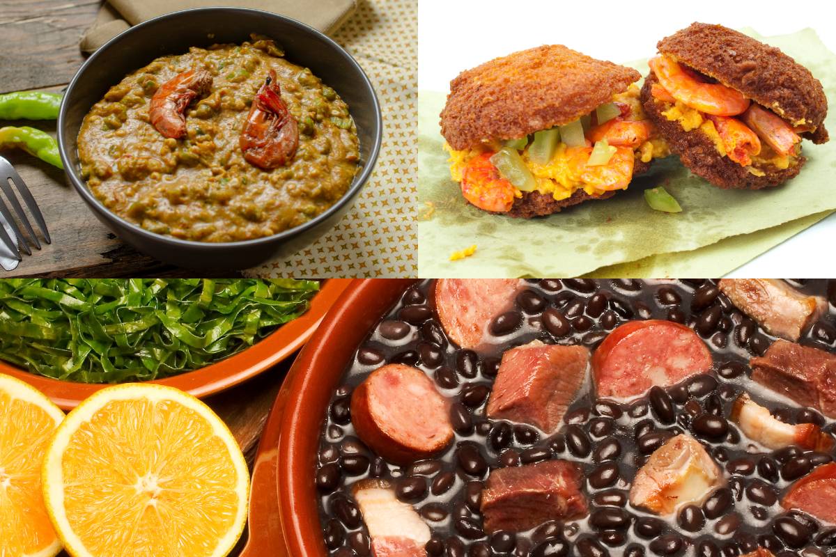 Montagem de pratos da culinária afro-brasileira - Composição com caruru, acarajé recheado, feijoada com couve e laranja, representando a diversidade de sabores africanos no Brasil.