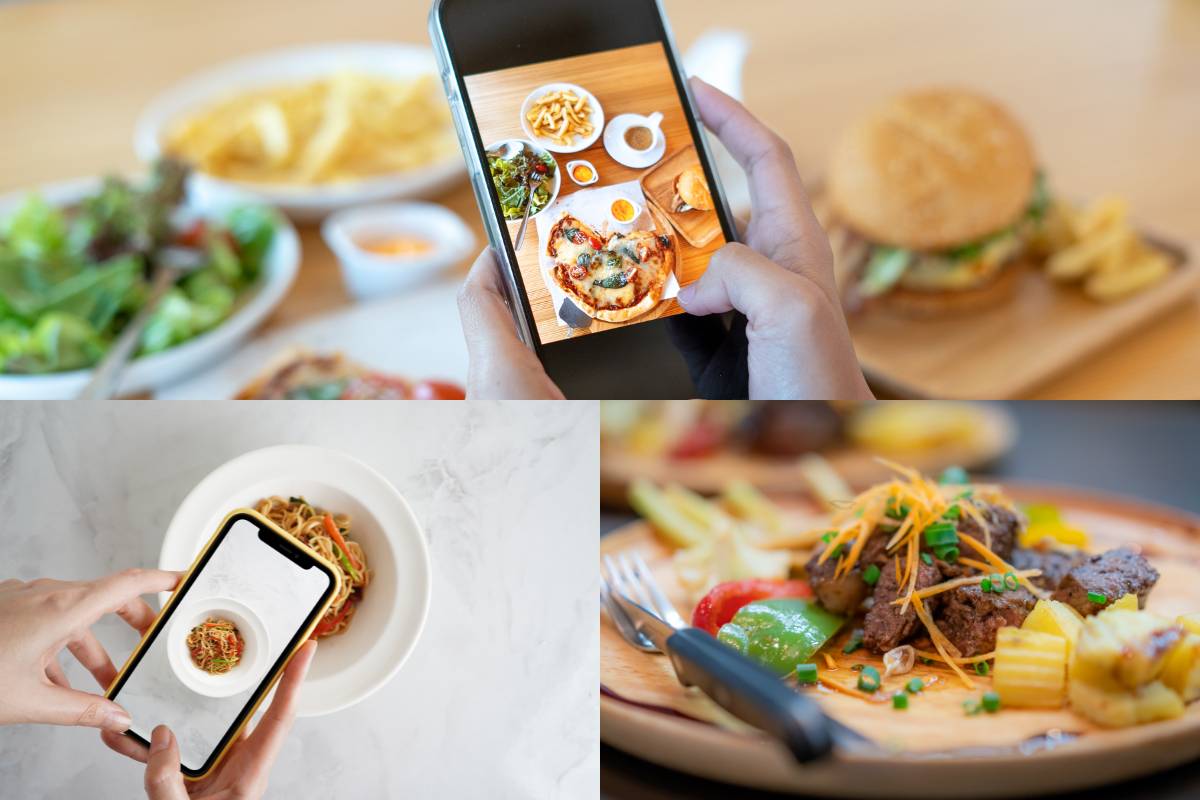 Pessoas tirando fotos de pratos variados de comida usando smartphones, capturando a apresentação dos pratos.