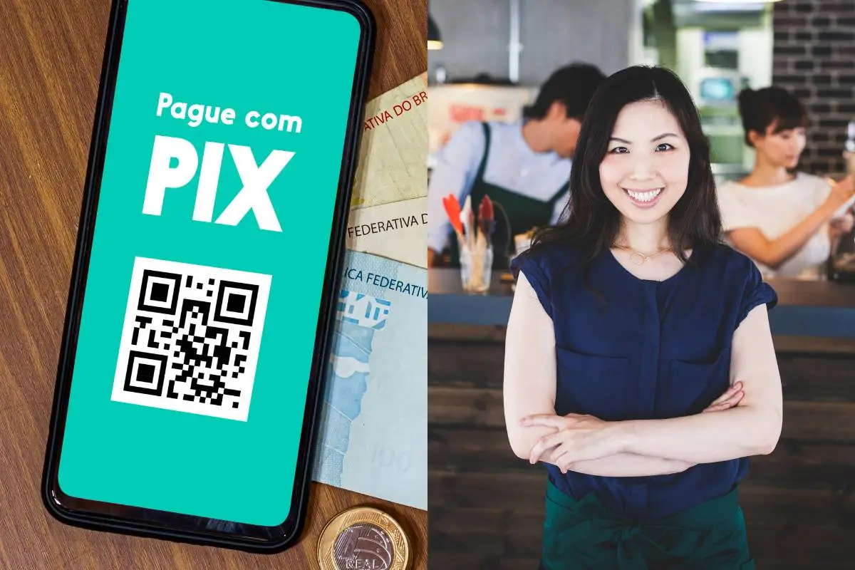 Smartphone exibindo a tela "Pague com Pix" ao lado de uma empresária sorridente em um restaurante, com funcionários ao fundo.