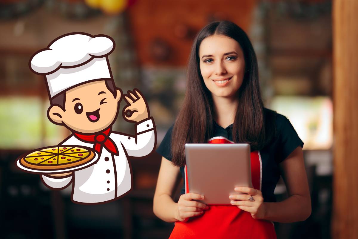 Jovem funcionária de pizzaria segurando um tablet, ao lado de ilustração de um chef animado segurando uma pizza. Representa a tecnologia facilitando o gerenciamento de pizzarias.