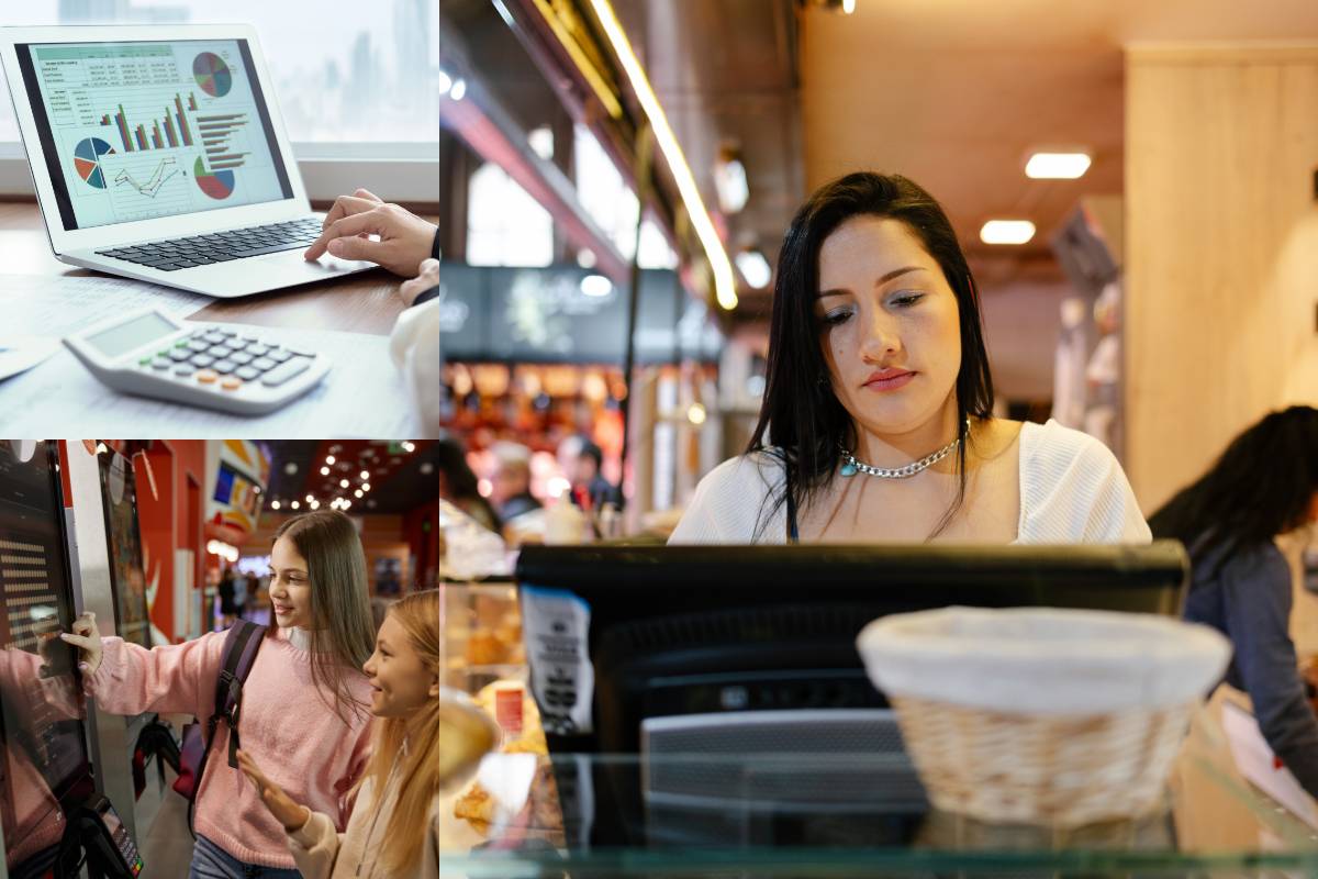 Montagem com imagens de tecnologias em restaurantes: gestor analisando relatórios, clientes usando autoatendimento e atendente realizando pedido no sistema de ponto de venda