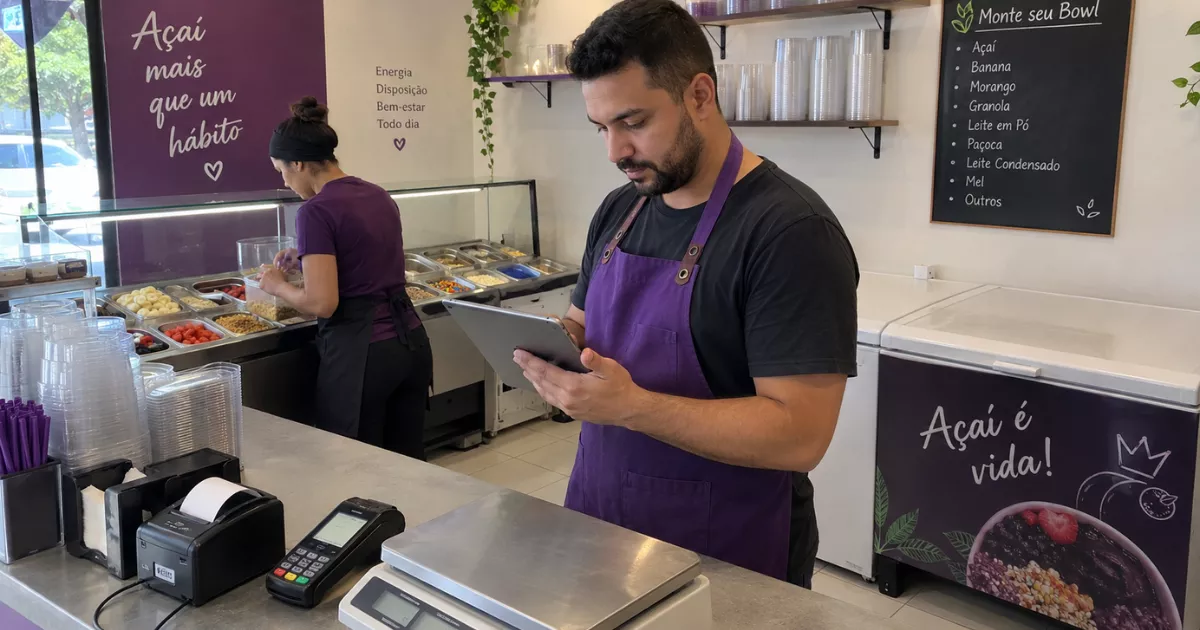 Gestor consulta um tablet ao lado da balança, impressora e maquininha, enquanto funcionária repõe complementos no balcão da açaiteria.