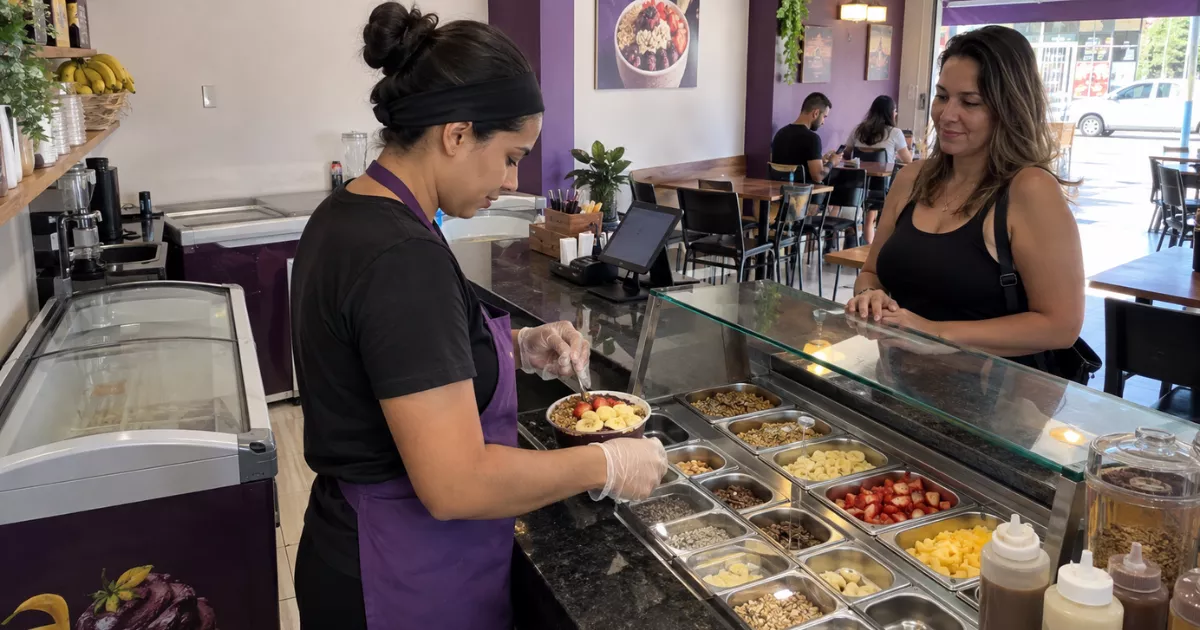 Funcionária monta uma tigela de açaí com frutas e complementos diante de uma cliente no balcão de uma açaiteria.
