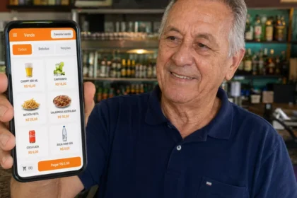 Dono de bar idoso apresenta o ControleNaMão aberto no celular, com produtos, preços e categorias adaptados à operação do estabelecimento.