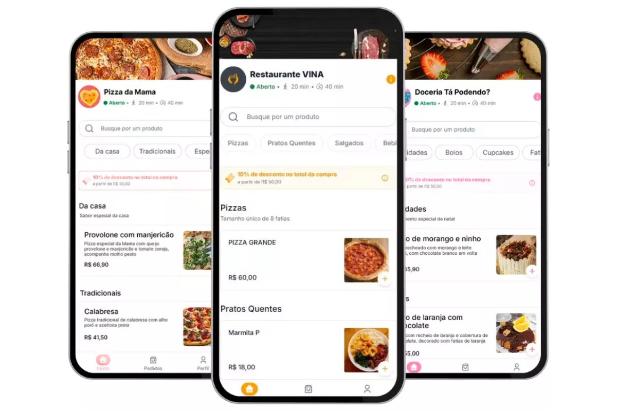 Três celulares com o Cardápio Digital Vina aberto
