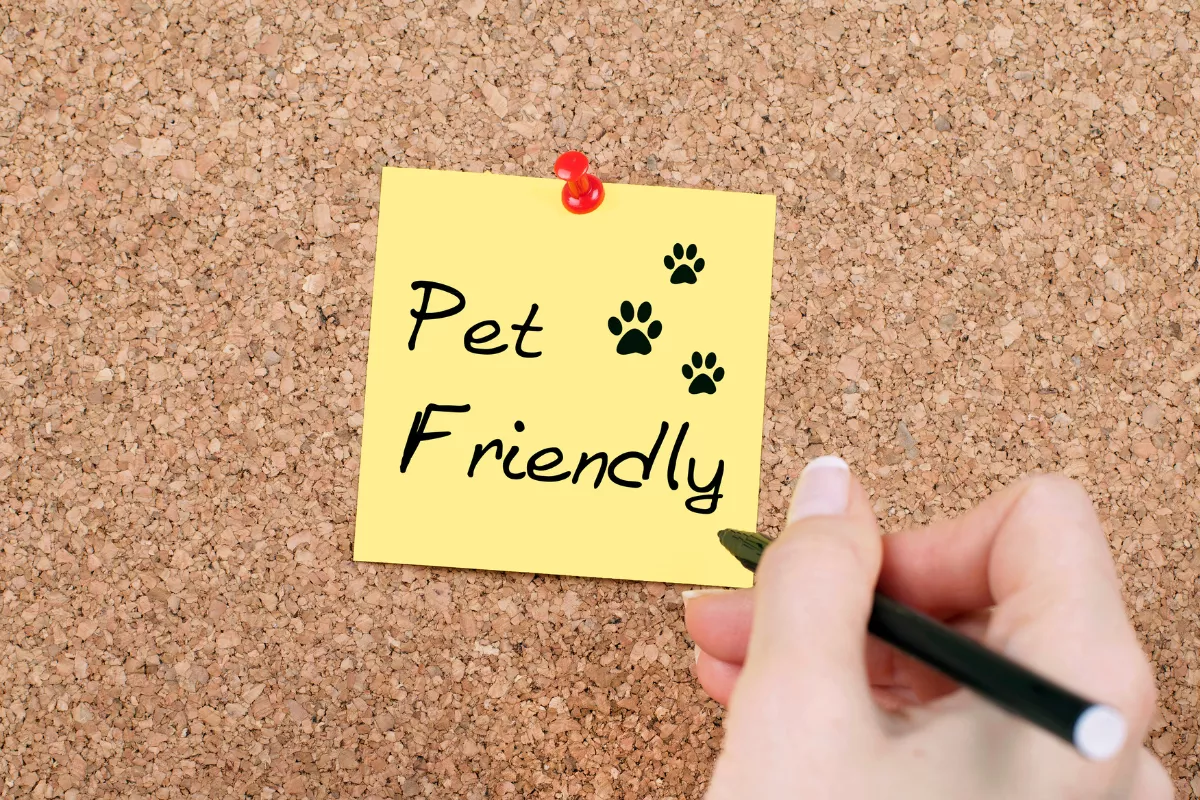 Uma mão segura um lápis e escreve "Pet Friendly" em um post-it amarelo fixado em um quadro de cortiça. Pequenas pegadas de patas decoram o bilhete, destacando a ideia de um ambiente amigável para animais. A imagem reforça o conceito de espaços adaptados para receber pets.