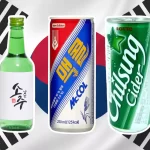 Composição de três bebidas tradicionais coreanas — soju, McCol e Chilsung Cider — em destaque sobre a bandeira da Coreia do Sul.