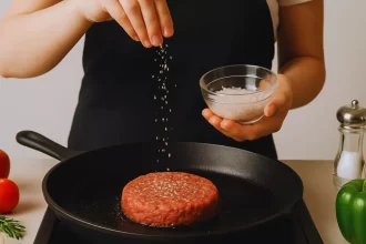 Pessoa temperando hambúrguer cru com sal grosso em uma frigideira de ferro quente, ilustrando a técnica de temperar na chapa para realçar o sabor da carne.