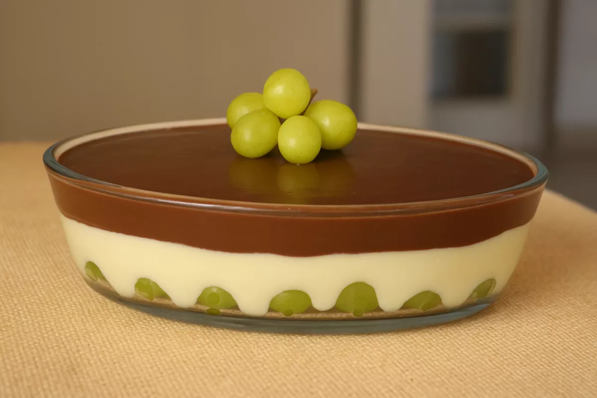 Sobremesa em camadas com creme branco, uvas frescas e cobertura de chocolate, decorada com uvas verdes no topo, com forte apelo visual e sabor marcante.