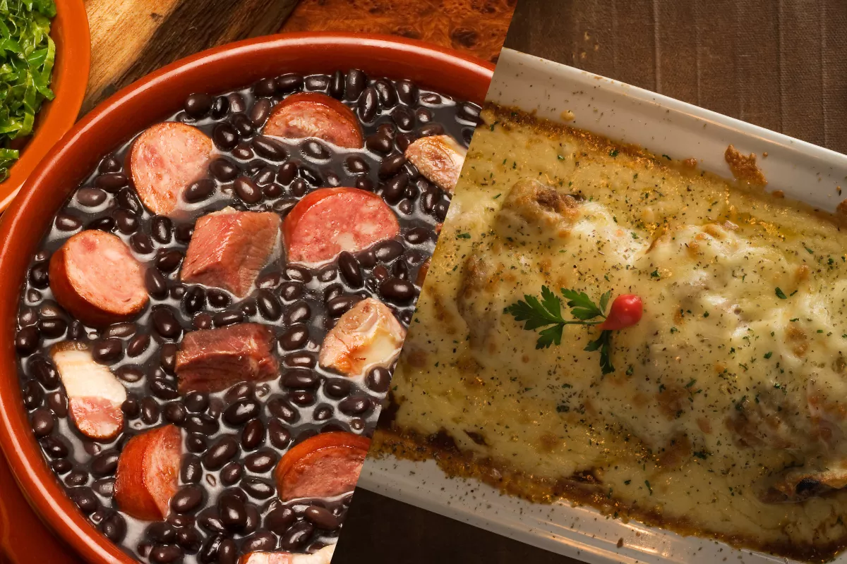Montagem com feijoada tradicional servida com couve e lasanha gratinada ao forno, dois pratos populares em cardápios de self-service e comida brasileira. Excelente para cardápios rotativos semanais.