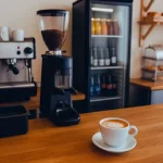 Máquina de café espresso profissional, moedor de grãos e geladeira expositora em bancada de cafeteria, com xícara de cappuccino em destaque.