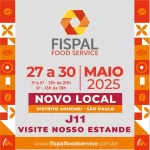 Arte promocional da Fispal Food Service 2025 destacando a nova localização no Distrito Anhembi, em São Paulo, e as datas do evento de 27 a 30 de maio; layout em tons de vermelho e laranja com ícones relacionados ao food service.