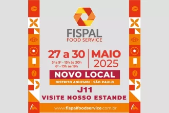 Arte promocional da Fispal Food Service 2025 destacando a nova localização no Distrito Anhembi, em São Paulo, e as datas do evento de 27 a 30 de maio; layout em tons de vermelho e laranja com ícones relacionados ao food service.