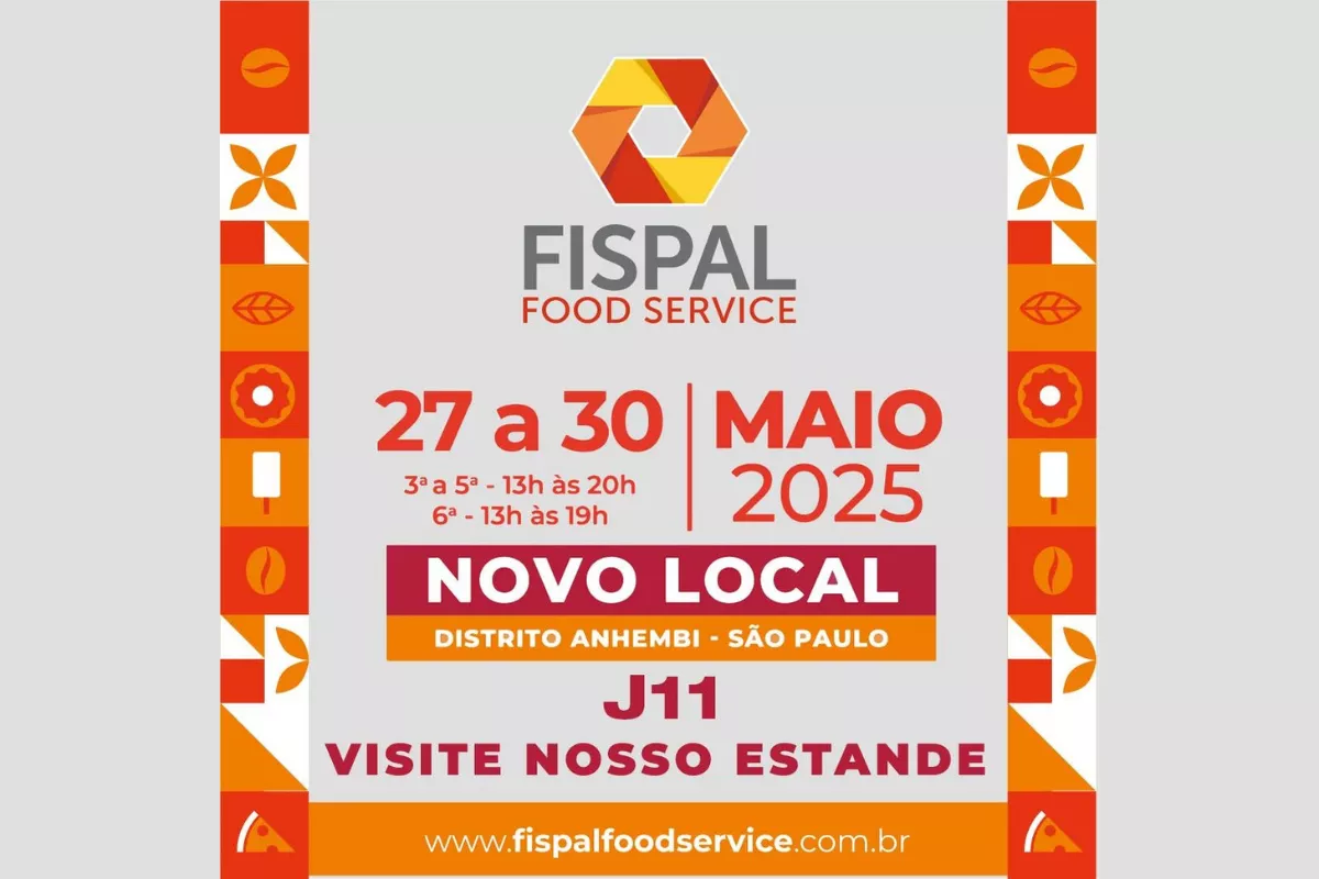 Arte promocional da Fispal Food Service 2025 destacando a nova localização no Distrito Anhembi, em São Paulo, e as datas do evento de 27 a 30 de maio; layout em tons de vermelho e laranja com ícones relacionados ao food service.