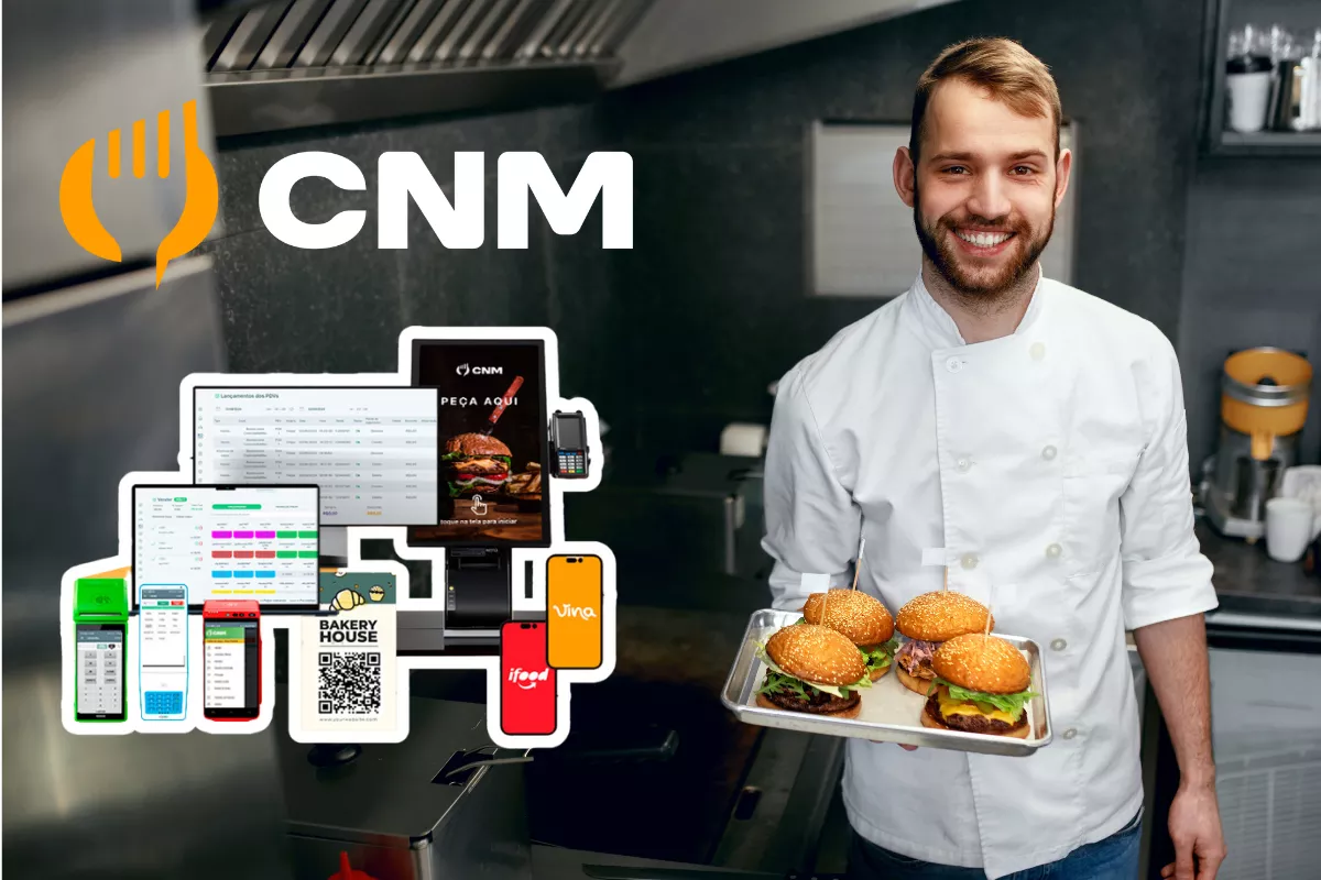 Chef de hamburgueria sorrindo e segurando uma bandeja com hambúrgueres artesanais na cozinha, ao lado de recursos do sistema CNM, como PDV, cardápio digital, delivery e integrações com maquininhas. Representa a modernização da gestão em hamburguerias com o CNM.