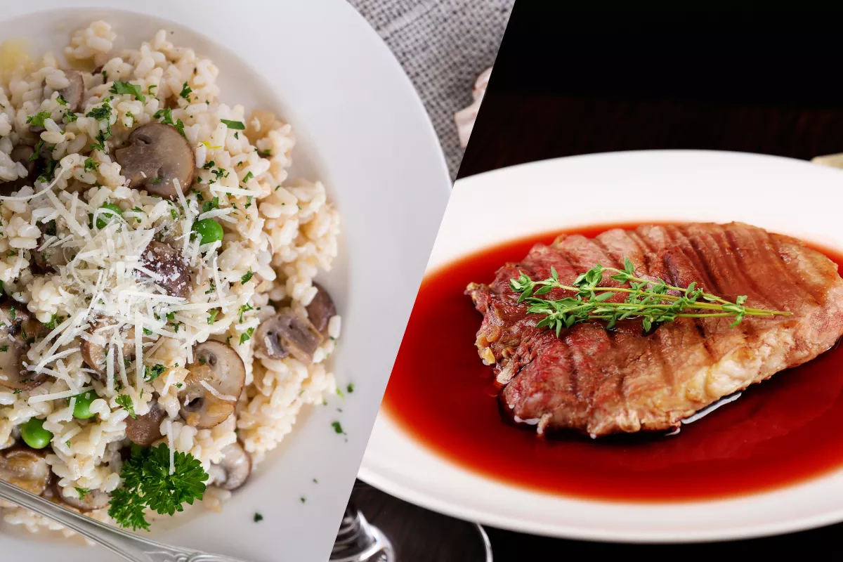 Risoto de cogumelos com parmesão ao lado de um bife ao molho de vinho, dispostos elegantemente em pratos brancos. Opções sofisticadas para menus à la carte com foco em experiência gastronômica.