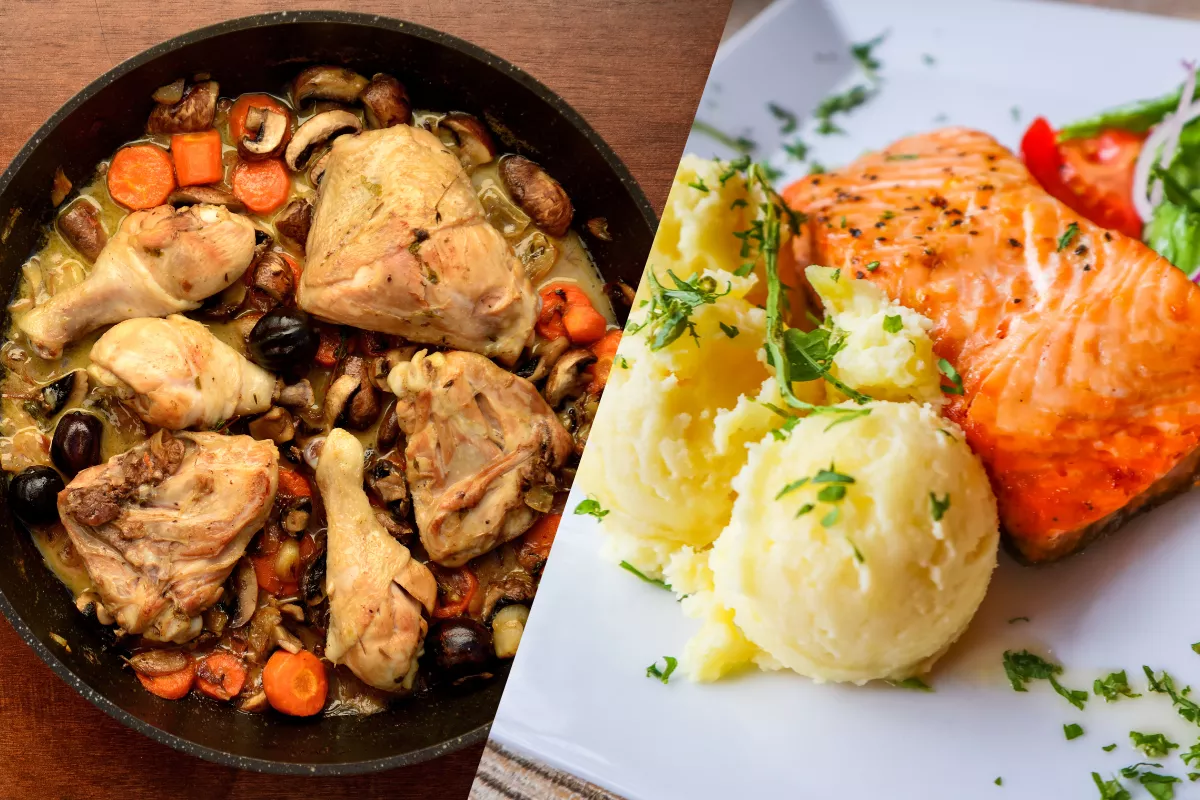 Frango assado no estilo coq au vin com legumes e cogumelos, ao lado de salmão grelhado servido com purê de mandioquinha e salada. Pratos refinados e bem apresentados, ideais para bistrôs e restaurantes gourmet.