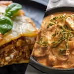 Prato de lasanha à bolonhesa ao lado de estrogonofe cremoso com tiras de frango, apresentados em alta definição. Opções clássicas de comida caseira ideais para pratos do dia em restaurantes self-service ou PFs.