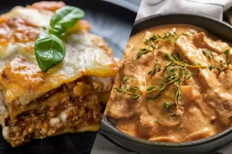 Prato de lasanha à bolonhesa ao lado de estrogonofe cremoso com tiras de frango, apresentados em alta definição. Opções clássicas de comida caseira ideais para pratos do dia em restaurantes self-service ou PFs.