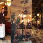 Colagem de três cenas do interior e exterior de cafeterias históricas europeias. À esquerda, dois garçons sorridentes com uniformes clássicos em frente a uma cortina de veludo, evocando o atendimento formal e acolhedor do Caffè Florian. Ao centro, um salão interno com lustres antigos e clientes em mesas redondas, refletindo a atmosfera sofisticada e cultural do Café Majestic. À direita, vista noturna da entrada ornamentada do Caffè Florian, com chão de mármore quadriculado e luzes âmbar refletindo nas vitrines históricas.