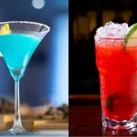 Montagem com dois drinks: à esquerda, uma taça de martini com Lagoa Azul em tom azul intenso; à direita, copo alto com Kamikaze vermelho vibrante, gelo picado e fatia de limão, ideal para happy hour.