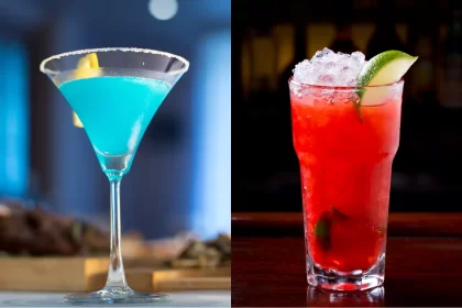Montagem com dois drinks: à esquerda, uma taça de martini com Lagoa Azul em tom azul intenso; à direita, copo alto com Kamikaze vermelho vibrante, gelo picado e fatia de limão, ideal para happy hour.
