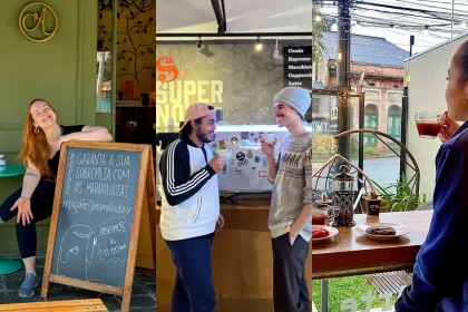 Montagem com três cafeterias: mulher sorridente ao lado de quadro negro na Mary Ann Apple Factory, dois clientes no balcão do Supernova Coffee, e cliente apreciando café na janela envidraçada do Tudo Café e Drinks com cookies e prensa francesa na mesa.