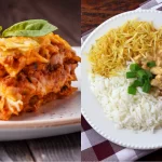 Prato de lasanha gratinada com molho à bolonhesa e manjericão fresco ao lado de strogonoff de frango servido com arroz branco, batata palha e cebolinha, combinação clássica de comidas de inverno em restaurante.