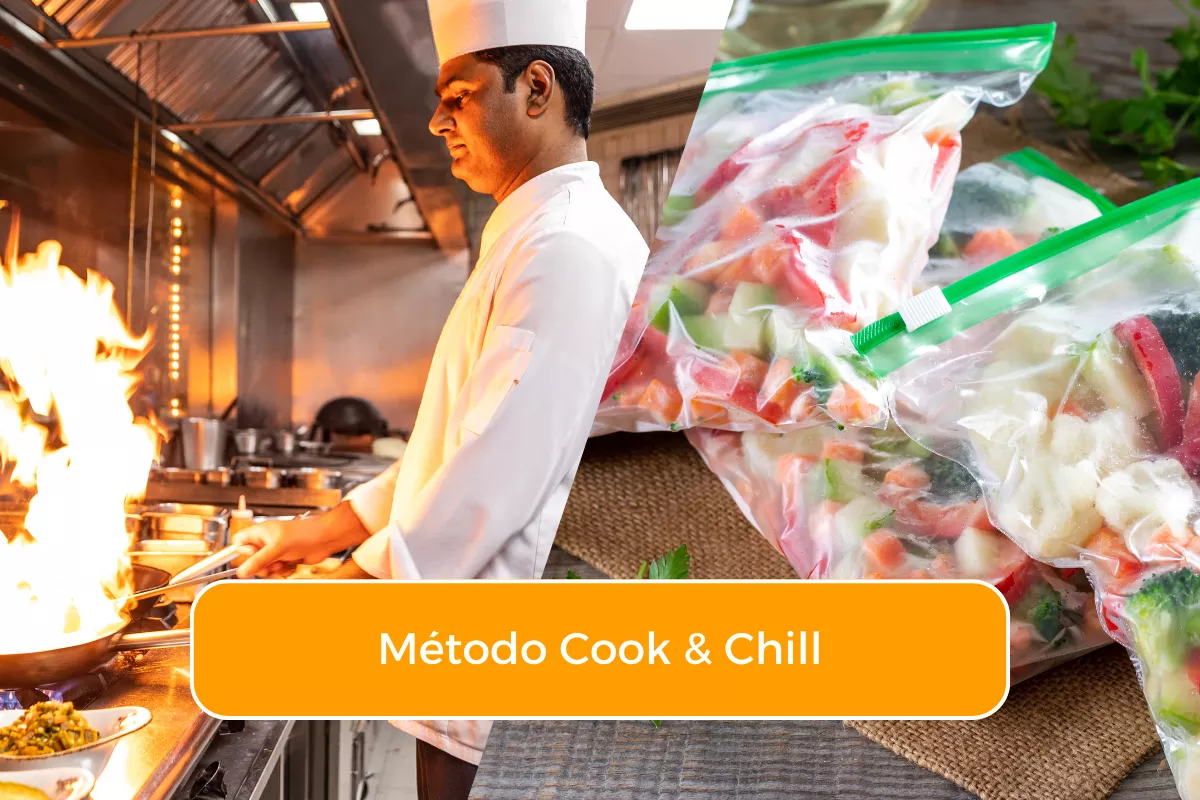 Chef profissional cozinhando em cozinha industrial com chama alta ao lado de alimentos preparados embalados a vácuo, representando o processo cook & chill em restaurantes.