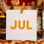 Cartaz com a palavra "JUL" pendurado em corda dentro de restaurante, com pizzas ao fundo, simbolizando o mês de julho e suas datas comemorativas para bares e restaurantes.
