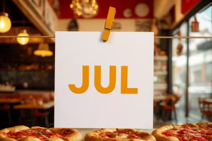 Cartaz com a palavra "JUL" pendurado em corda dentro de restaurante, com pizzas ao fundo, simbolizando o mês de julho e suas datas comemorativas para bares e restaurantes.