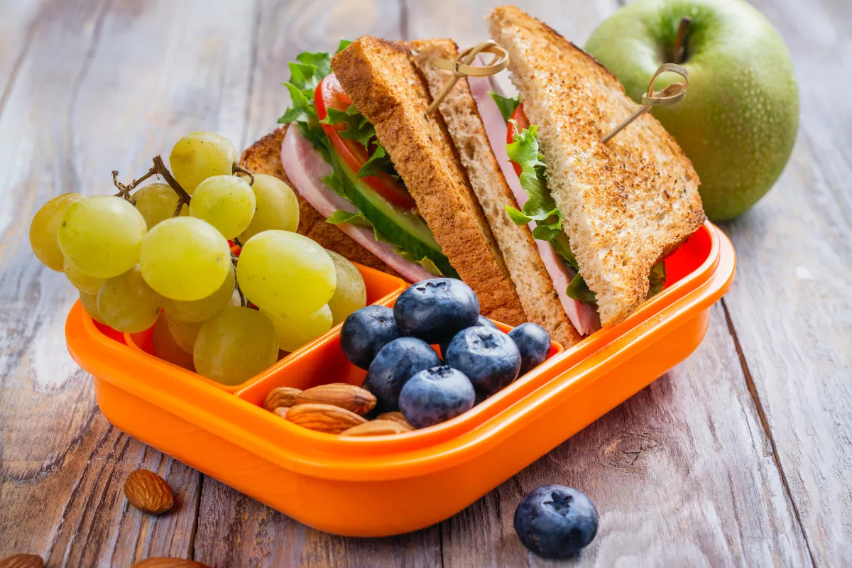 Marmita saudável com sanduíche integral recheado com peito de peru e salada, acompanhada de uvas verdes, mirtilos, amêndoas e maçã verde ao fundo.