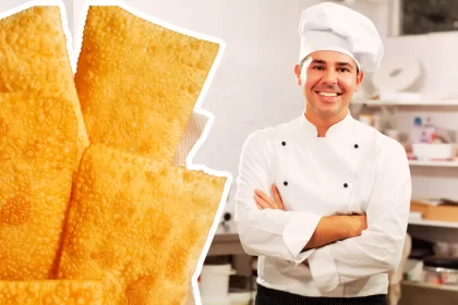 Pastéis crocantes recém-fritos ao lado de um chef sorridente com uniforme branco e chapéu, representando o cotidiano de uma pastelaria profissional.