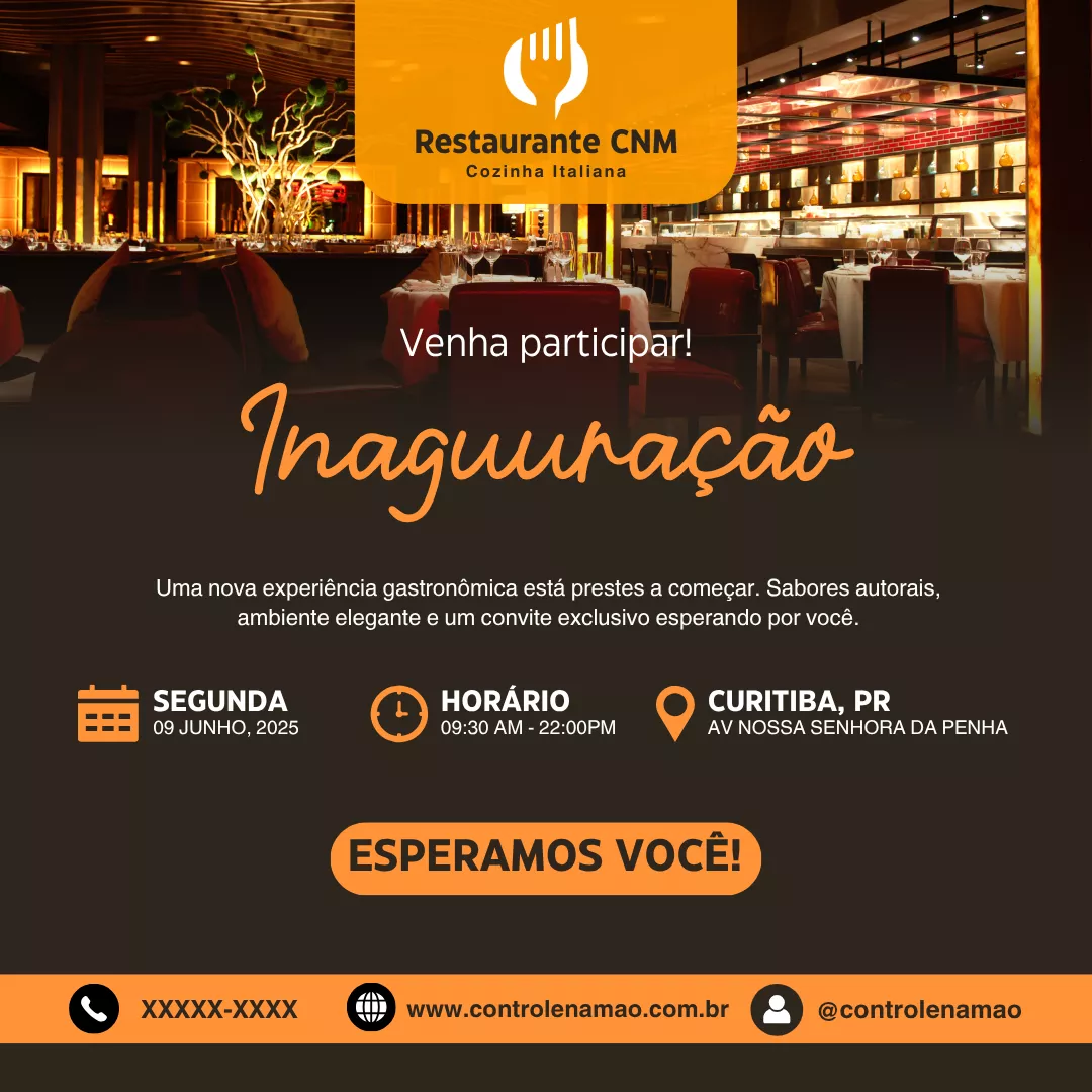 Convite visual para a inauguração do Restaurante CNM, com ambiente sofisticado em tons âmbar e marrom. A imagem mostra salão elegante com iluminação quente, mesas bem postas e detalhes refinados. Texto apresenta data, horário, local e chamada para participação, com destaque para a experiência gastronômica e cardápio autoral. Perfeito para divulgar a abertura de um restaurante fino.

