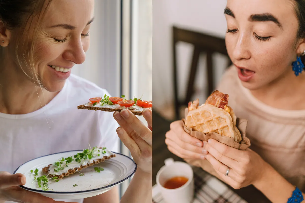 Duas mulheres se alimentando, uma comendo uma torrada saudável e outra um sanduíche de waffle com bacon, representando a dualidade entre o Dia do Nutricionista e o Dia do Bacon no cardápio de restaurantes.