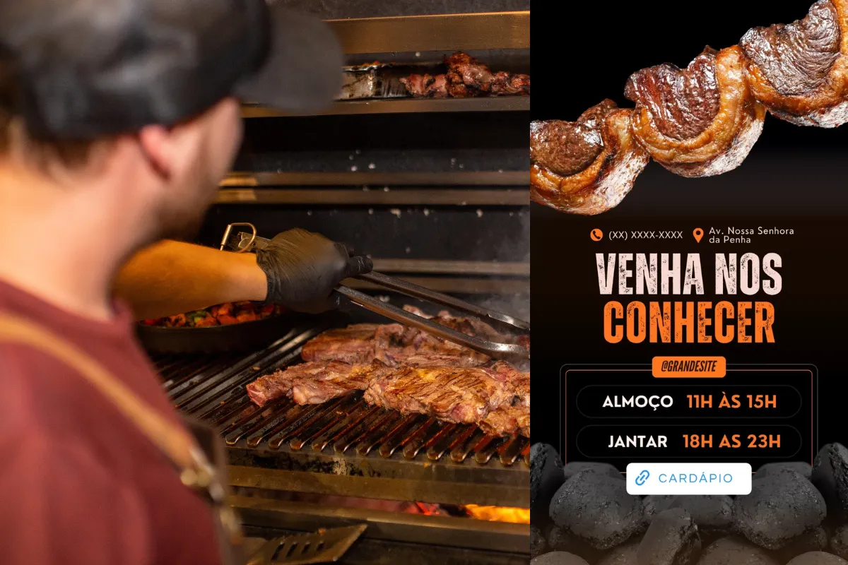 Churrasqueiro preparando carnes na grelha enquanto banner ao lado anuncia a inauguração de uma churrascaria, com horários de almoço e jantar e link para o cardápio.