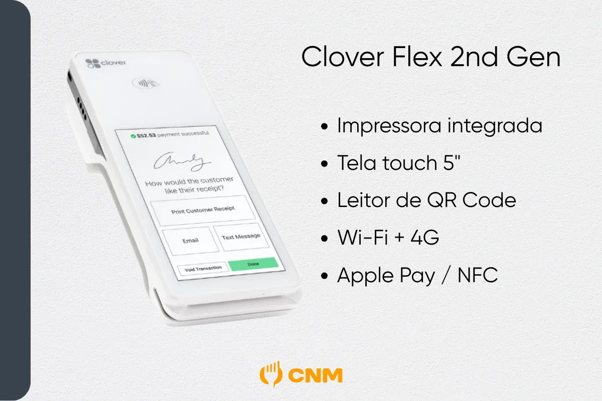 Maquininha Clover Flex 2nd Gen com tela de recibo e assinatura digital, destacando suas funcionalidades: impressora integrada, tela touch, leitor de QR Code e conectividade Wi-Fi + 4G.