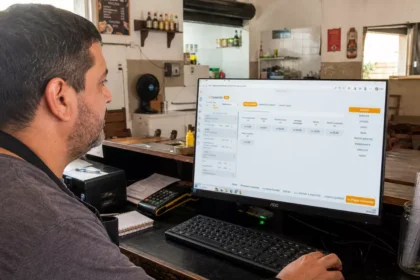 Dono de restaurante usando o PDV ControleNaMão em um computador no balcão do estabelecimento.