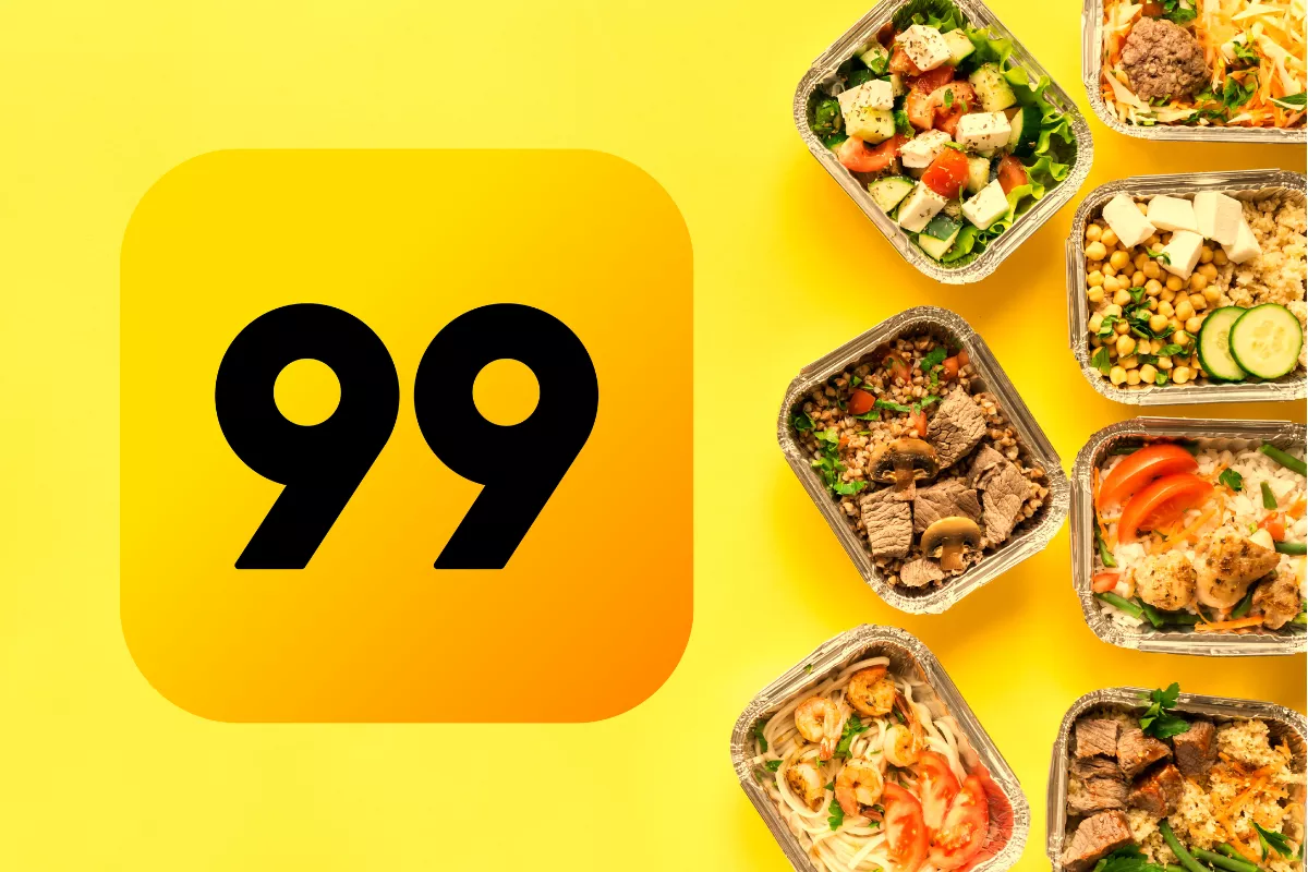 Logo amarelo da 99 ao lado de marmitas com refeições variadas, sobre fundo amarelo, representando o novo modelo da 99Food sem taxa para restaurantes.

