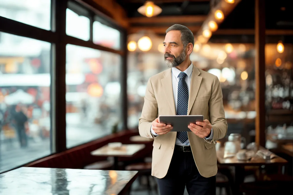 Gestor de restaurante usando tablet para acompanhar dados de vendas e operação com sistema de gestão como o CNM.