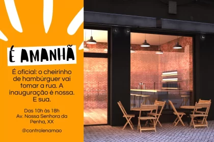 Convite visual para inauguração de hamburgueria com fachada moderna em tijolos e mobiliário externo; destaque para a frase “É Amanhã” e endereço do evento.
