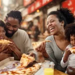 Família com dois filhos sorrindo enquanto compartilham pizza em um restaurante movimentado, representando momentos especiais no Dia dos Pais e a importância de criar experiências memoráveis em datas comemorativas.
