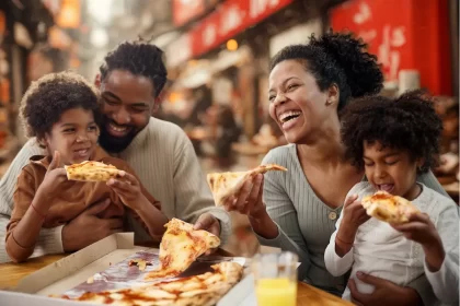 Família com dois filhos sorrindo enquanto compartilham pizza em um restaurante movimentado, representando momentos especiais no Dia dos Pais e a importância de criar experiências memoráveis em datas comemorativas.